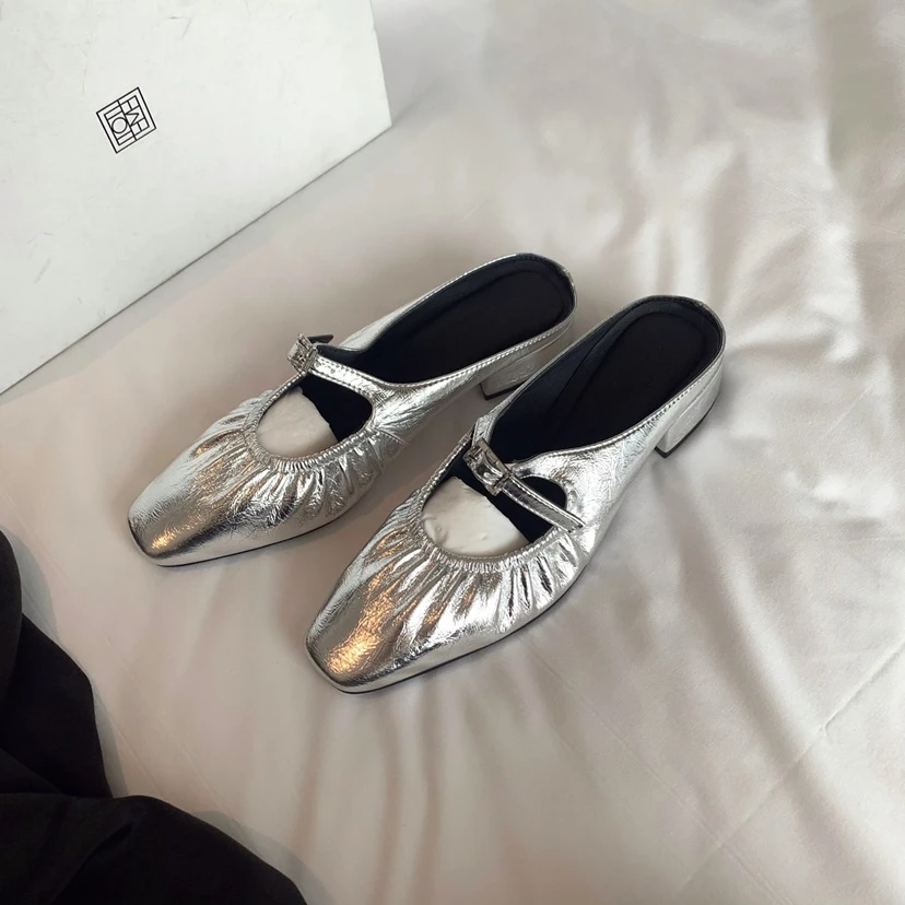 苏茵茵方头褶皱包头粗跟拖鞋女半拖外穿E4205140