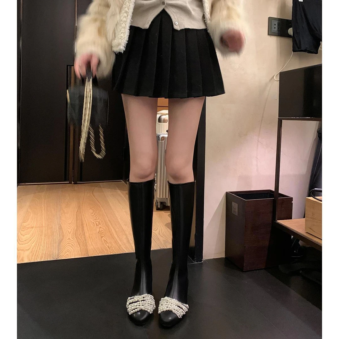 【雅乔专属】私藏款~小香风珍珠加绒高筒骑士靴214T1656长筒