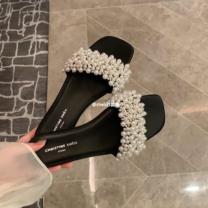 【sheii苏茵茵】方头sr珍珠一字带平底凉拖女拖鞋外穿夏E4105021