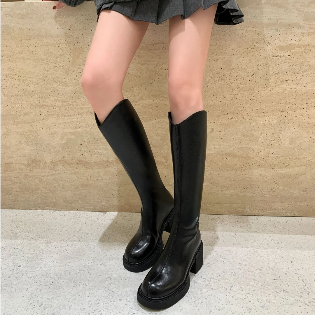 苏茵茵气质长筒靴秋冬季V口超显瘦女骑士靴厚底百搭长靴E3407251