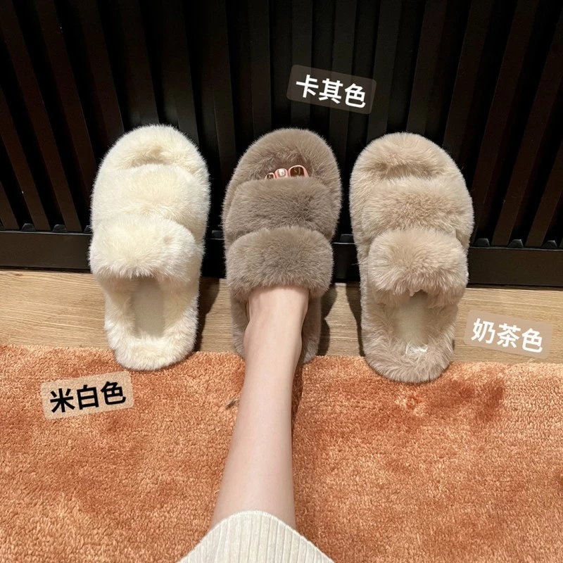【雅乔专属】温暖甜心~5cm厚底一字带毛毛拖鞋外穿212T1735毛绒