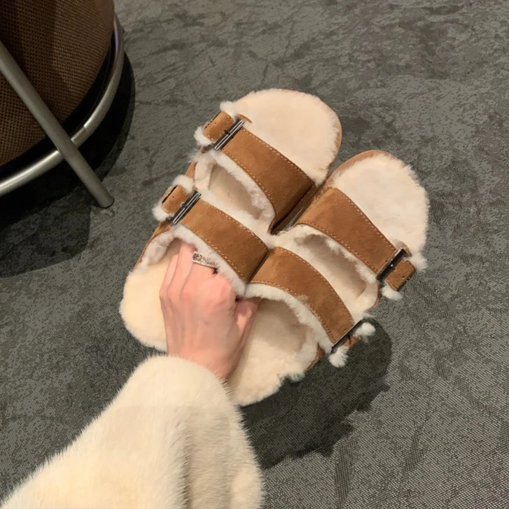 【冯宝专属】双扣带休闲保暖毛毛拖鞋女半拖外穿冬季212T1635