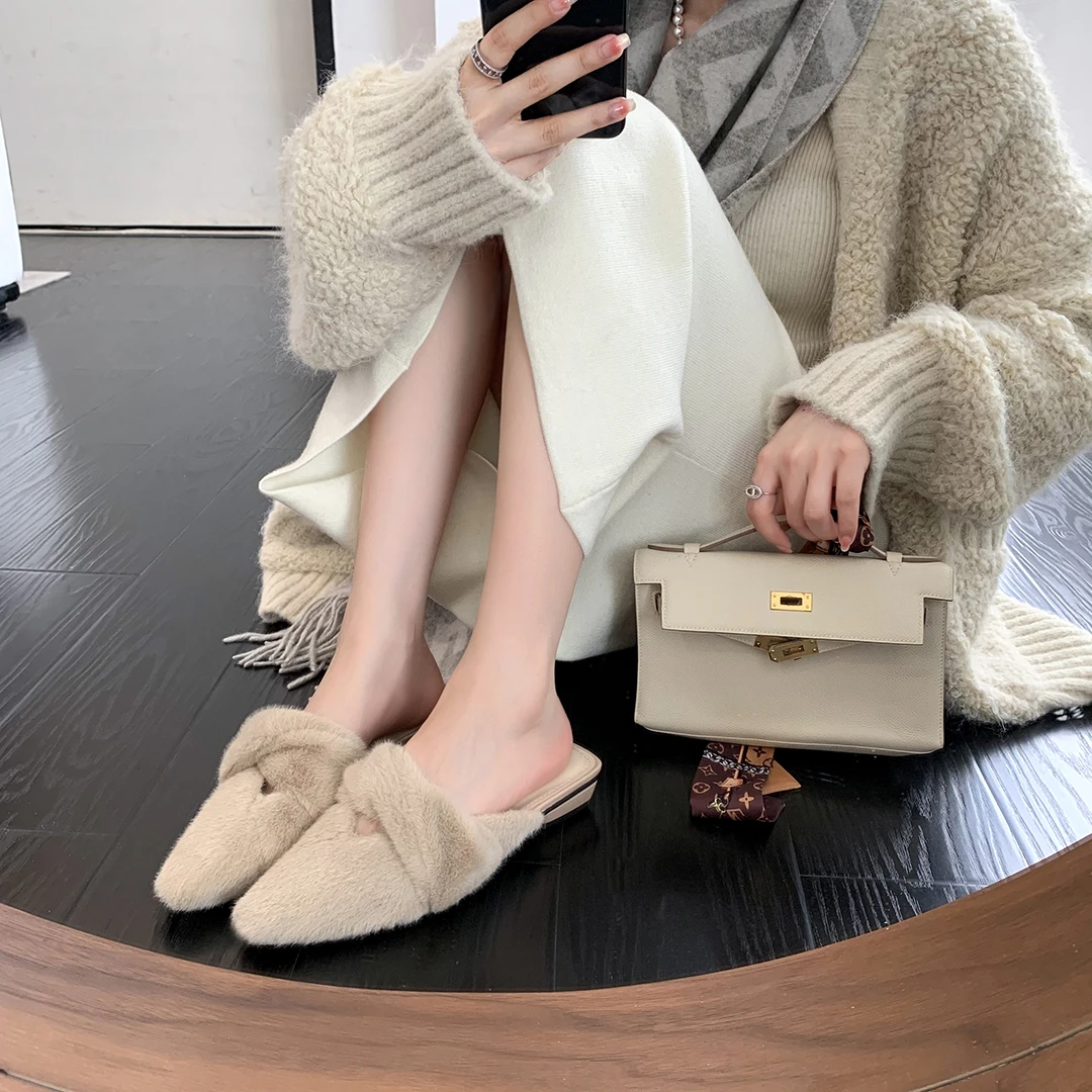 【十七专属】方包头穆勒貂绒毛毛拖鞋女半拖外穿秋冬E23T293A