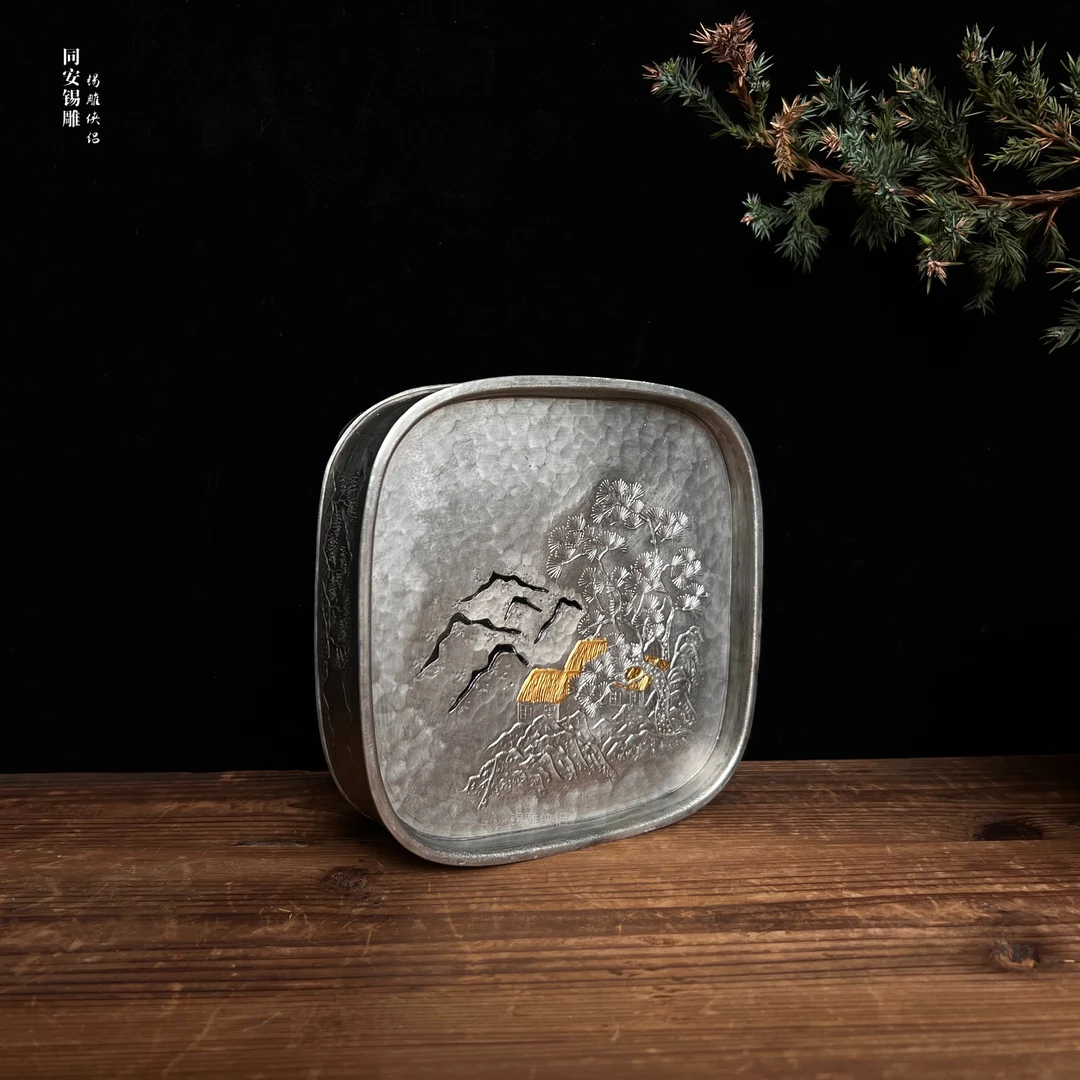 简素纯锡方茶盘非遗壶承纯手工茶器文创储水建水锡茶盘