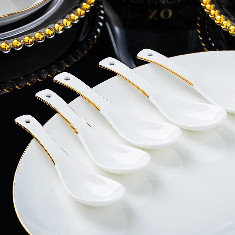 金镶玉陶瓷汤勺景德镇家用陶瓷餐具喝汤小勺子长柄陶瓷大汤勺盛汤