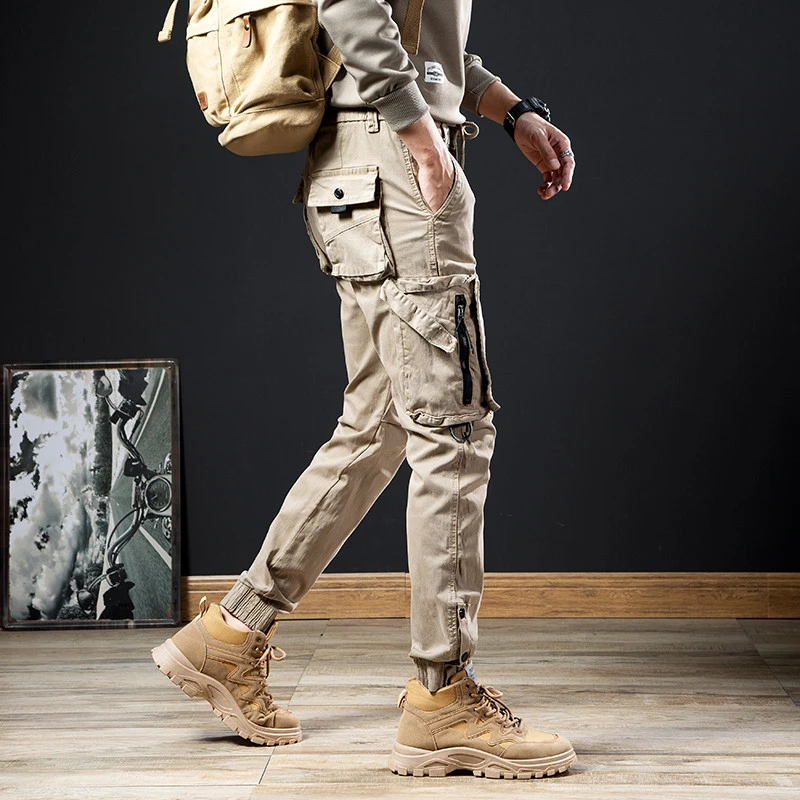 大码春秋百搭男士休闲工装长裤男大口袋装饰哈伦束脚裤户外军迷年