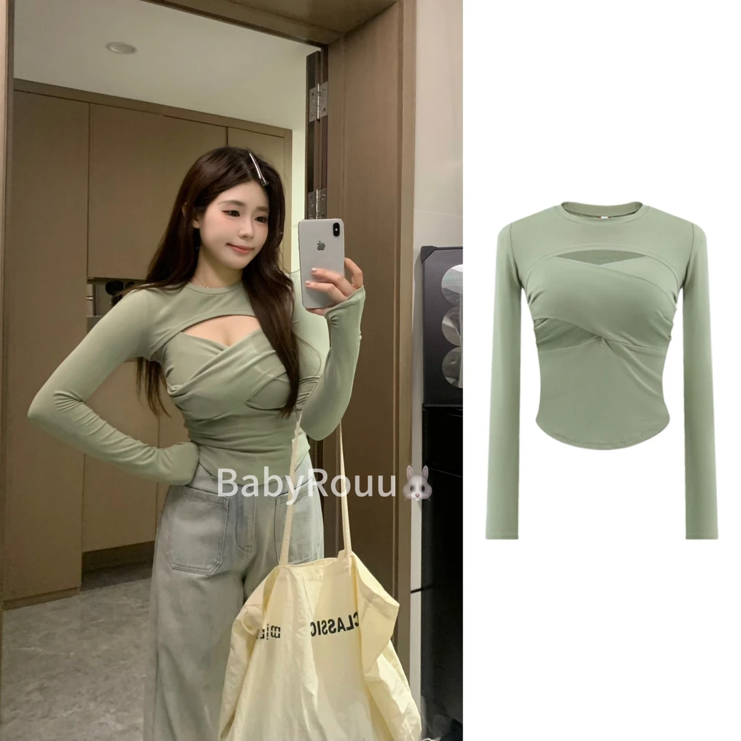 baby rouu【现货】【纯欲奶绿】辣妹性感纯欲设计感长袖上衣两件套
