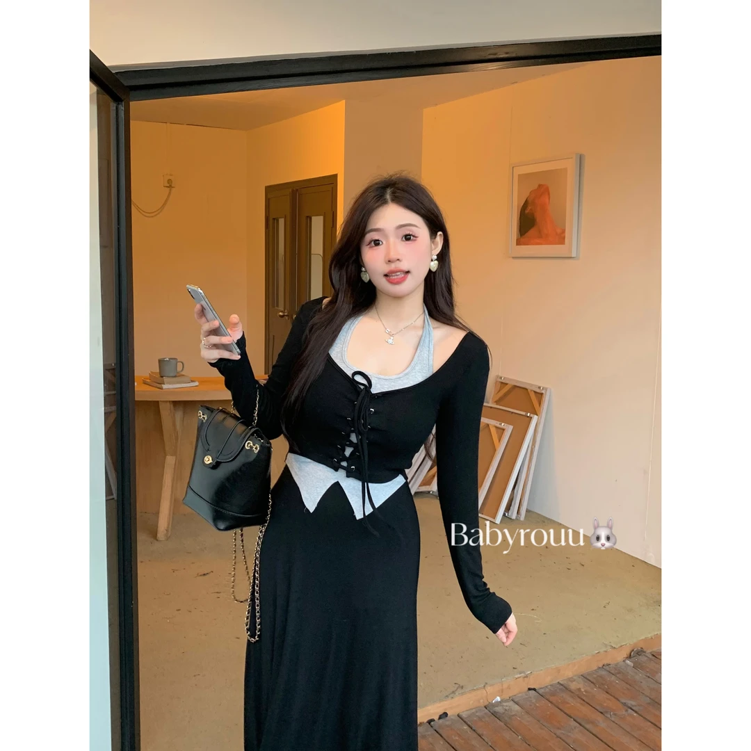 MZJ麦770105【秋日恋人-半裙】秋季法式假两件绑带修身半裙