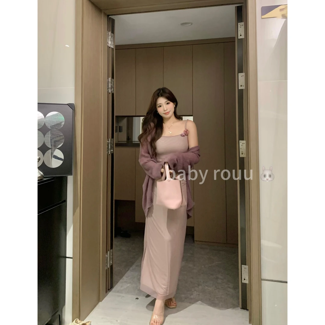 baby rouu【现货】【温柔暮色】温与柔针织开衫修身显瘦吊带连衣裙