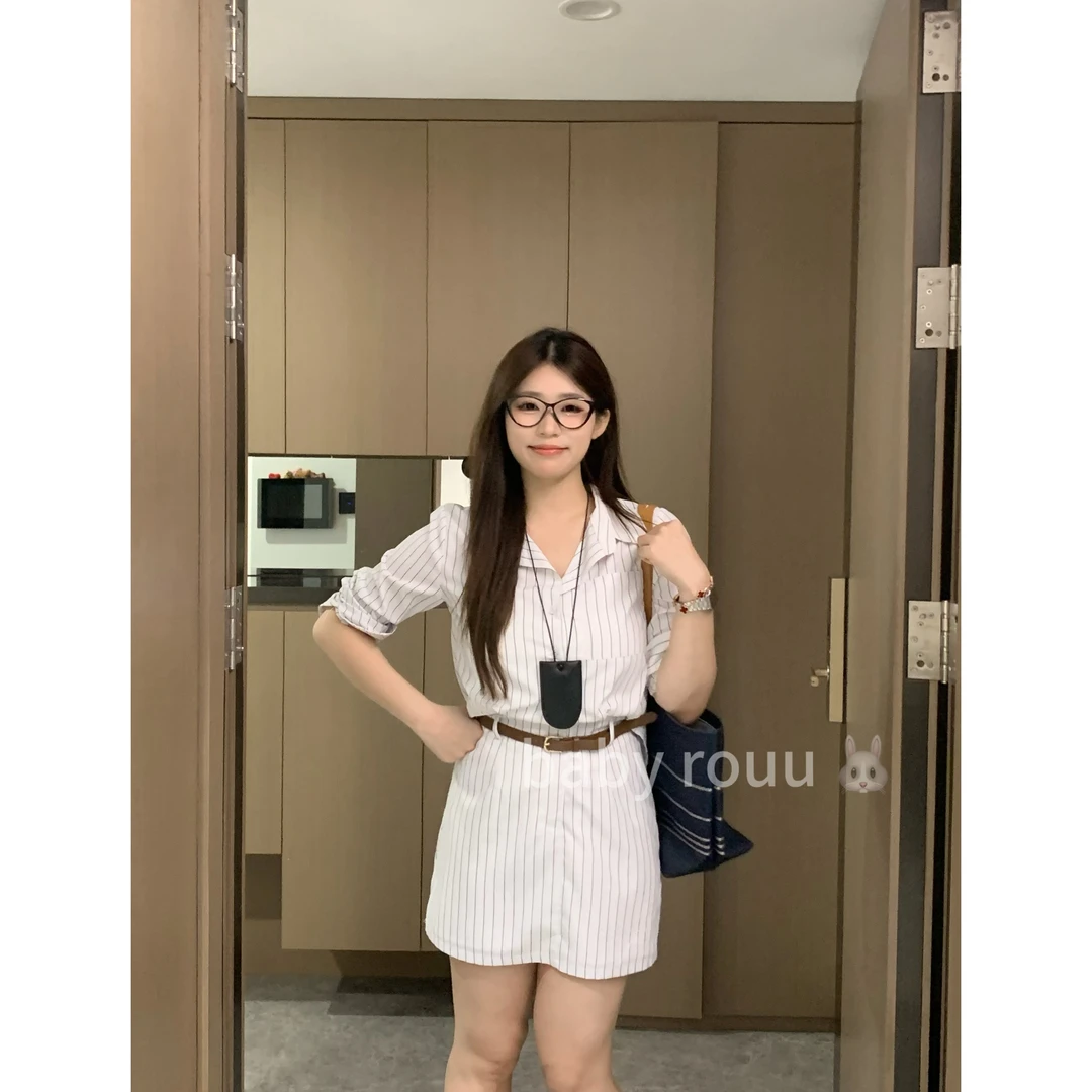 baby rouu【现货】【都市菲林】温与柔条纹长短款显背薄衬衣连衣裙