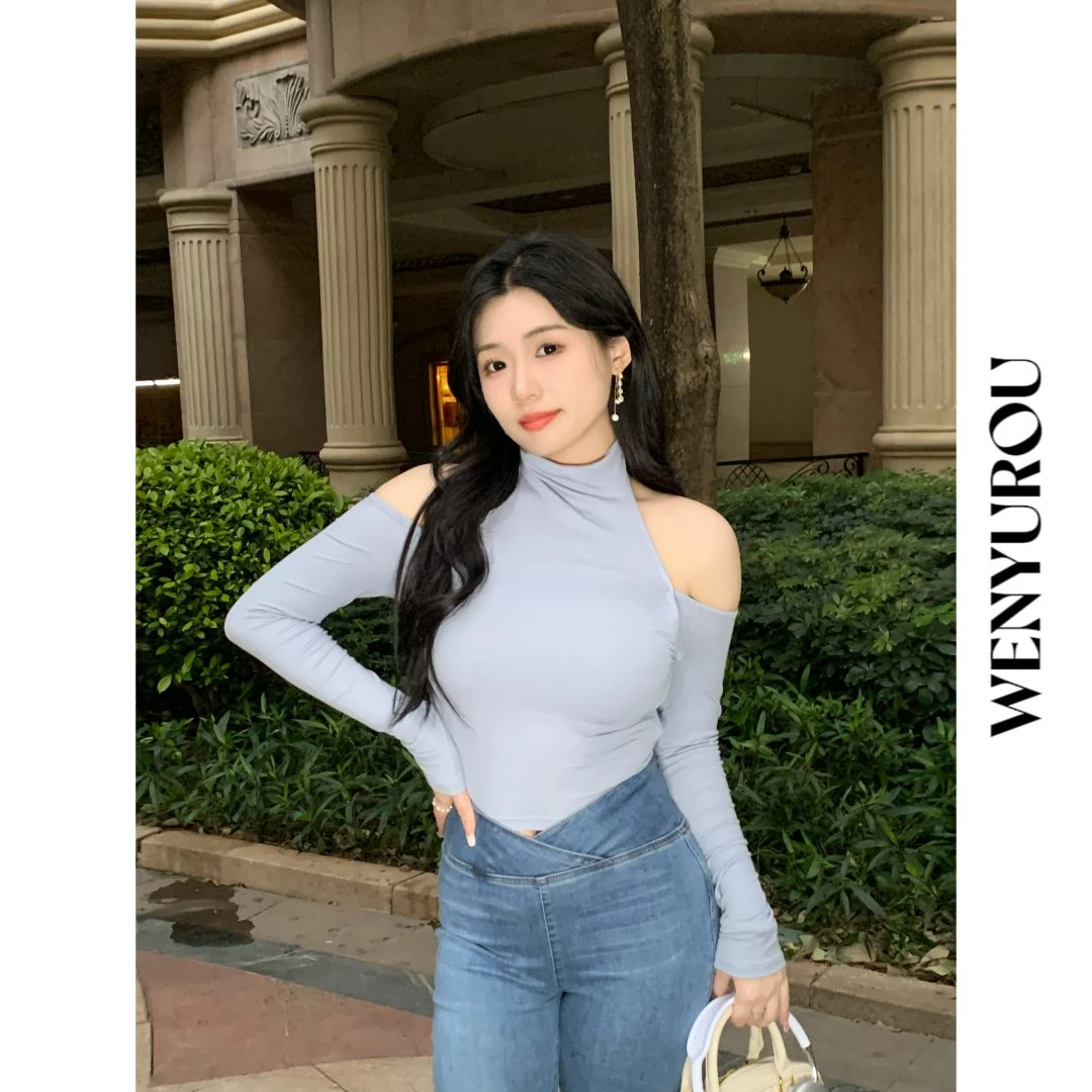 【现货】baby rouu【韩国欲感】修身紧身纯色短款辣妹高领纯欲T恤