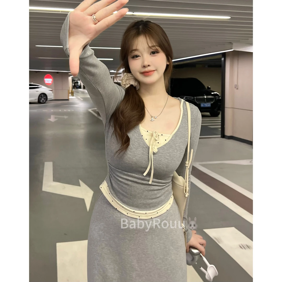 baby rouu【现货】【奶欲芭蕾】温与柔假两件蝴蝶结长袖T恤芭蕾风半裙