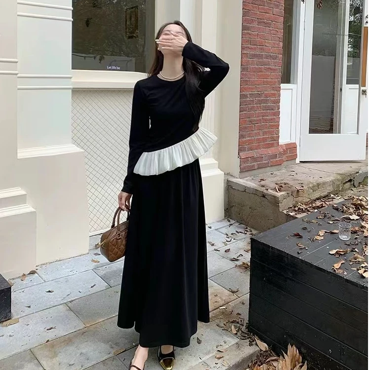 大码高级感连衣裙秋季新款胖MM显瘦荷叶边撞色假两件a字裙女气质