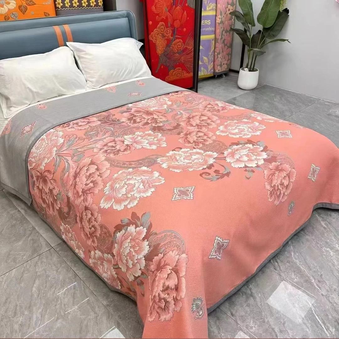 【2024新品 牡丹粉 230*250】 埃及棉四季盖毯多层加厚