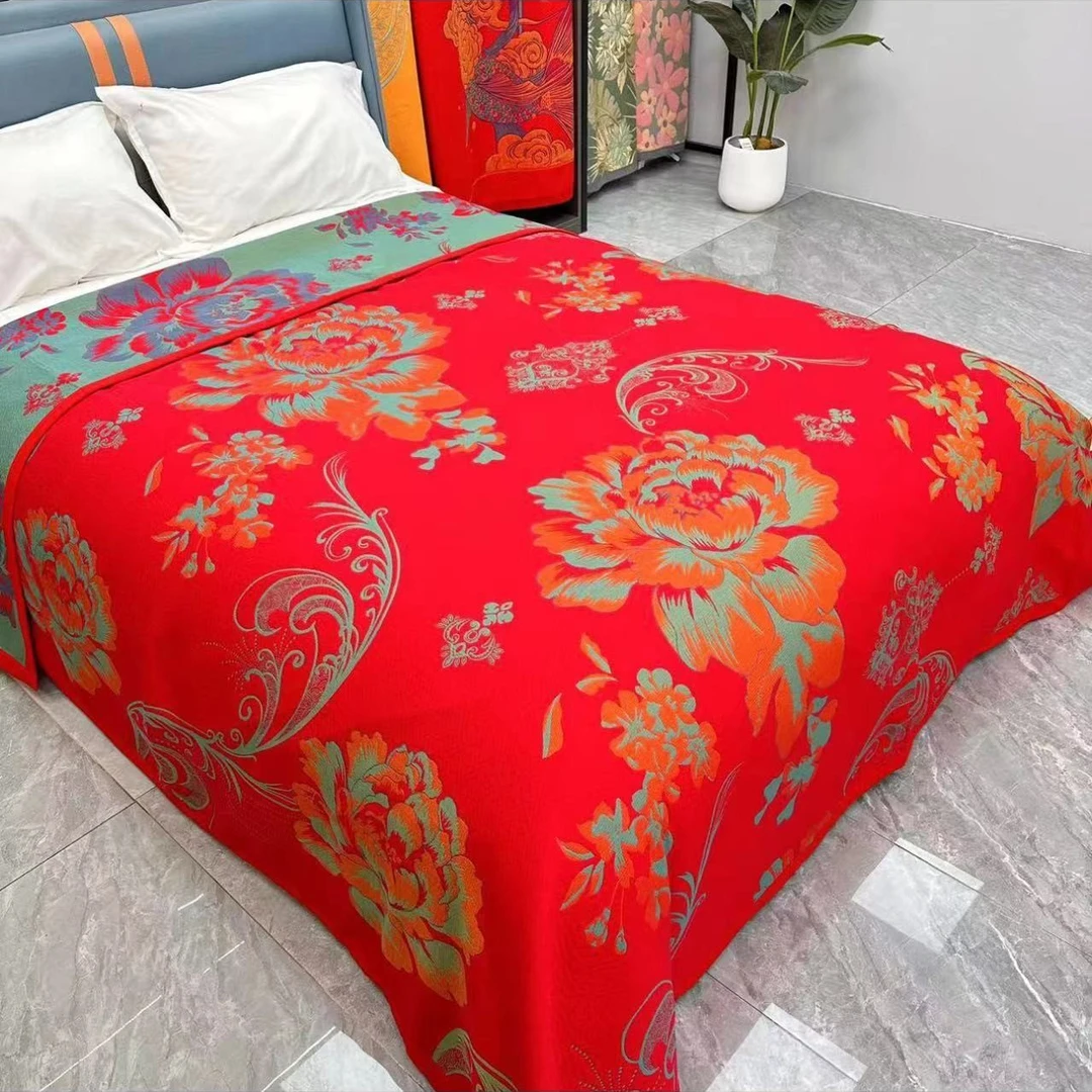 【2023新品 花开富贵 230*250】 埃及棉四季盖毯多层婚庆加厚喜庆