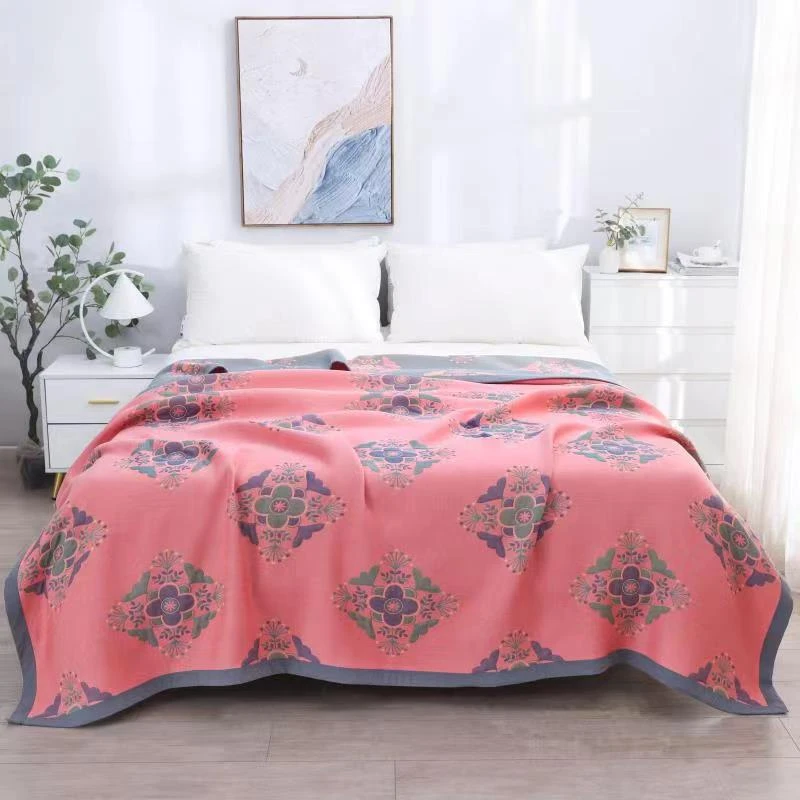 【新品爆款 万福粉 200*230】亚麻细纱多功能铺盖毯双面细纱床盖