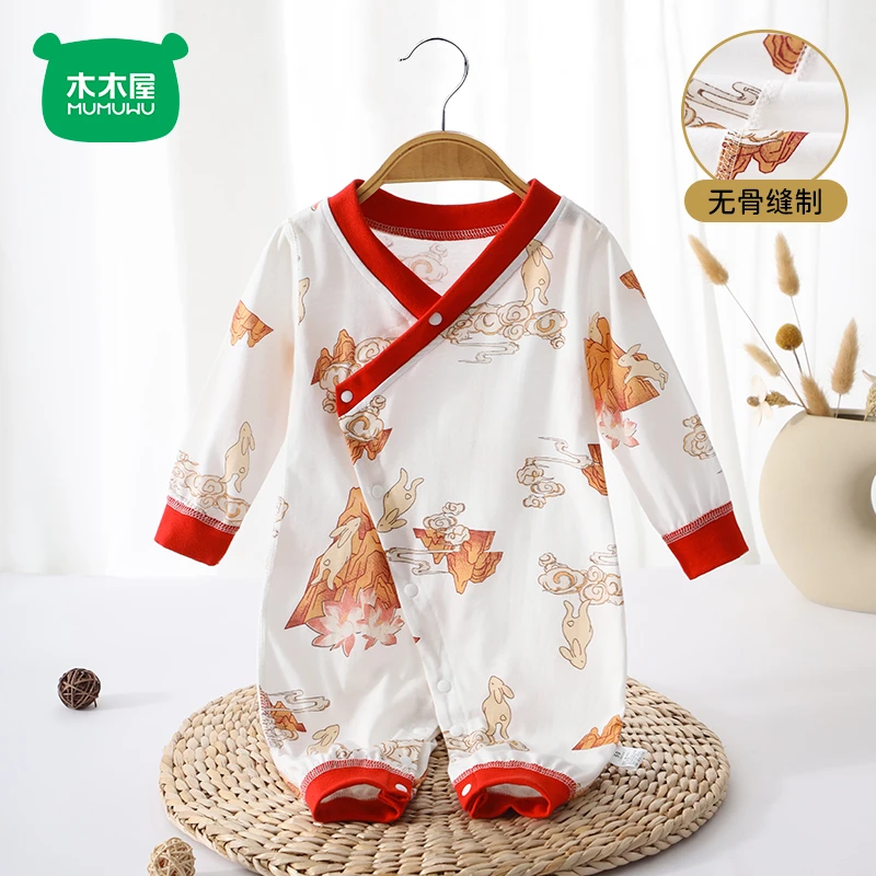 新生儿连体衣春秋长袖婴儿宝宝连体衣幼儿薄款中国风满月百天秋季