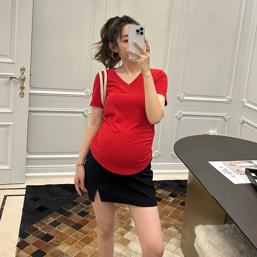 孕妇装夏季新款V领短袖T恤设计感褶皱修身显瘦内搭上衣性感紧身