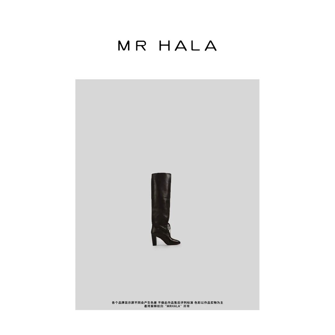 MRHALA 鸾音真皮高筒细带粗跟靴女 YX3956
