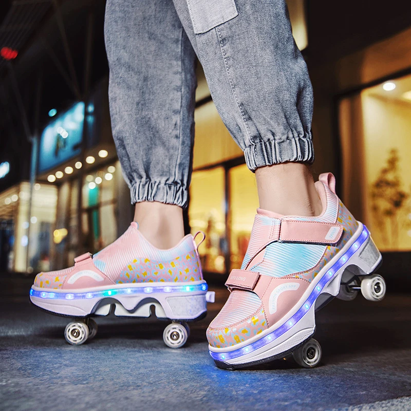 大四轮七彩闪灯充电暴走鞋滑轮鞋青少年溜冰鞋变形轮子鞋