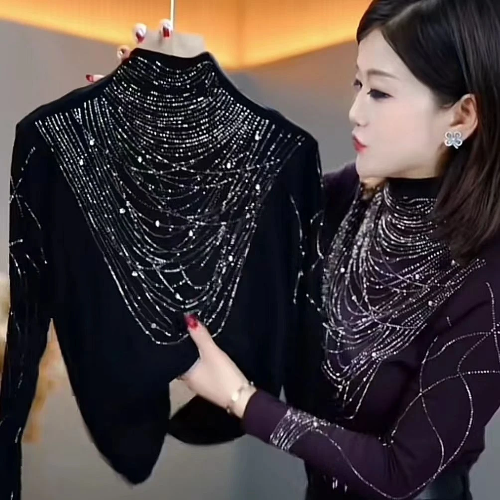 冬季新款保暖打底衫高领纯色烫钻长袖绒衫T恤女微宽松弹力打底衫