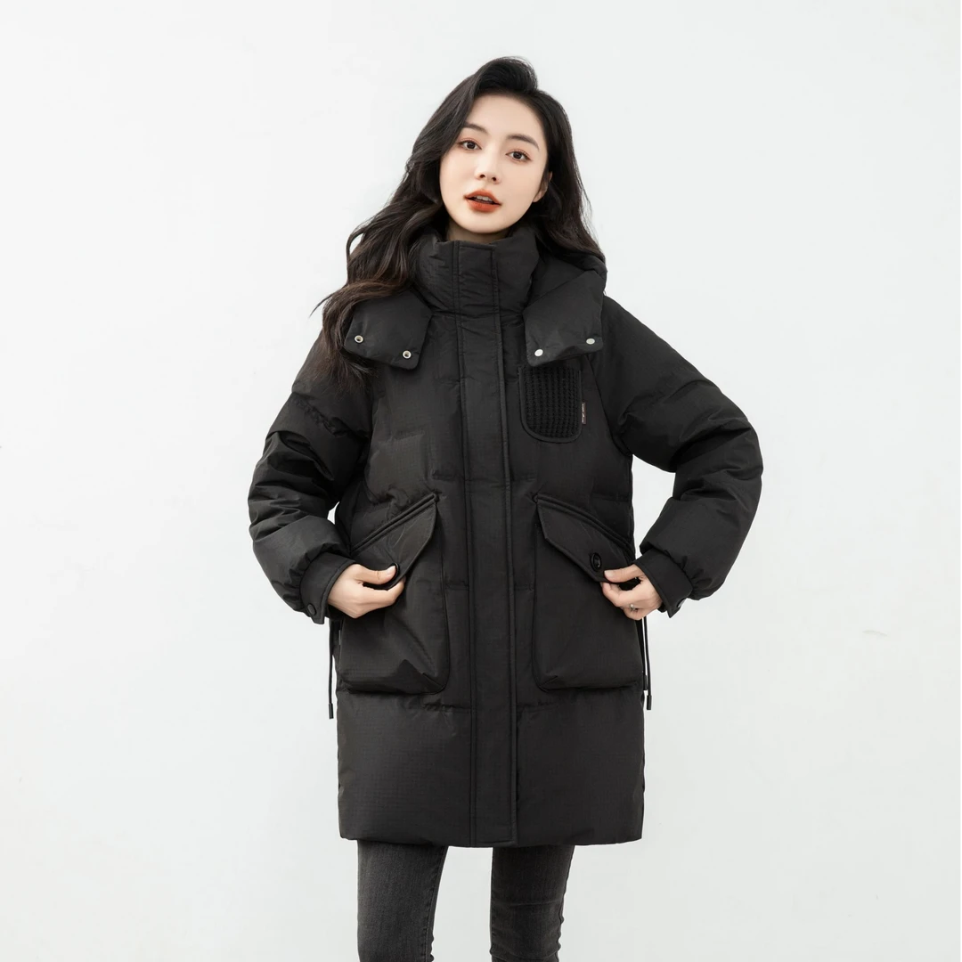 YAYA/鸭鸭鸭鸭中长款立领连帽直筒版型时尚羽绒服YE3B635155L