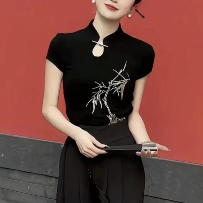 新中式立领竹子刺绣短袖T恤女2024夏季修身显瘦上衣内搭打底上衣