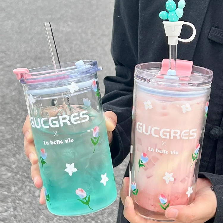 双层玻璃水杯女生高颜值吸管杯家用新款2023便携办公室冷饮杯子男
