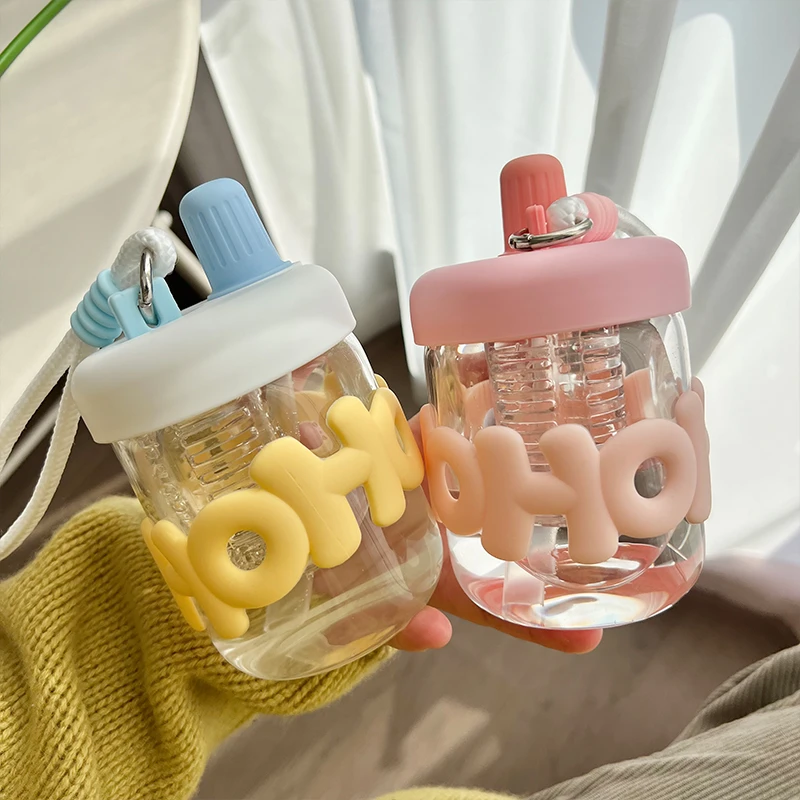 韩版2025年新款高颜值玻璃吸管茶杯带分隔仓便携式可爱喝水杯子
