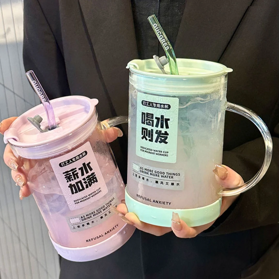 绚青办公室喝水杯女生大容量高颜值高硼硅玻璃家用男泡茶杯吸管杯