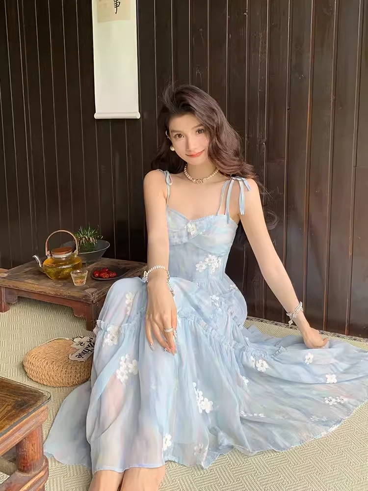 依漾自制-【蓝色风铃】夏季新款法式气质甜美蓝色吊带连衣裙仙女裙