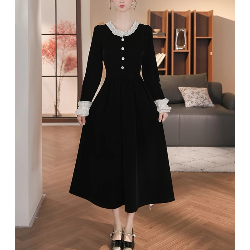 Meika-【月光手信】秋冬新款丝绒轻奢显瘦高腰线连衣裙-BN194K