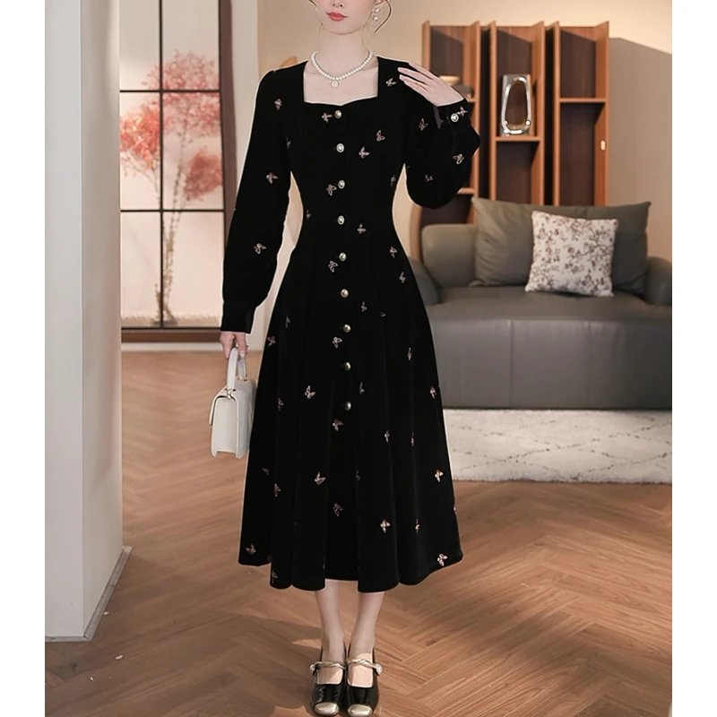 Meika-【浮生若梦】2024年秋冬新款显瘦百搭刺绣连衣裙-BN604Q