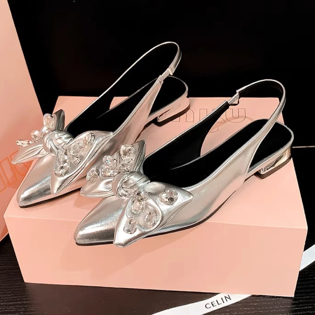 加宽气质银色法式尖头浅口凉鞋夏季百搭仙女风大码女鞋时尚气质一