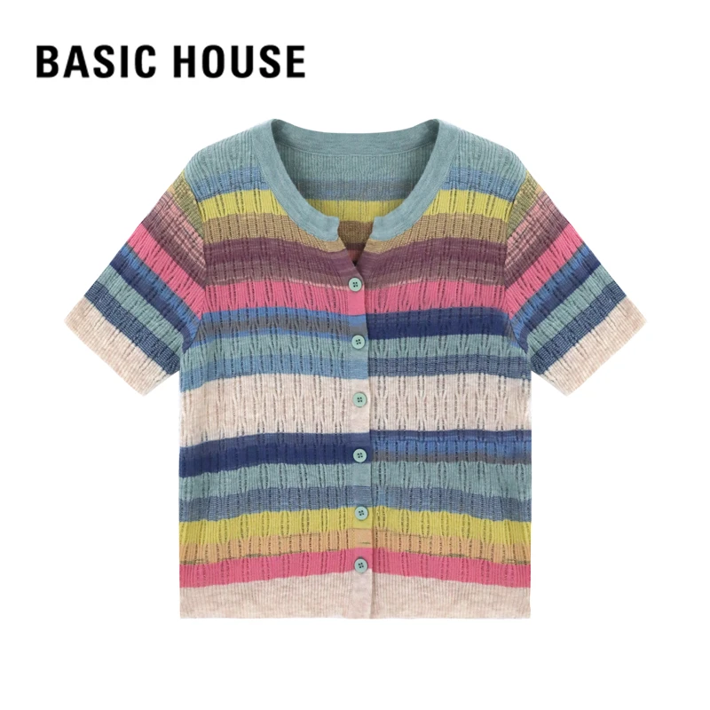 Basic House/百家好BZ24新款显瘦百搭时尚条纹撞色短袖针织衫女装