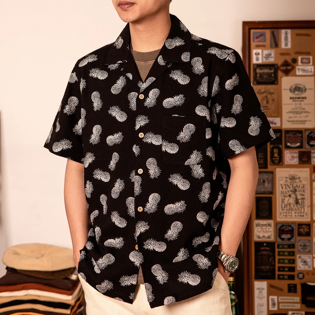 红风 美式复古夏威夷衬衫男古巴领宽松短袖日本面料泡泡纱衬衣夏