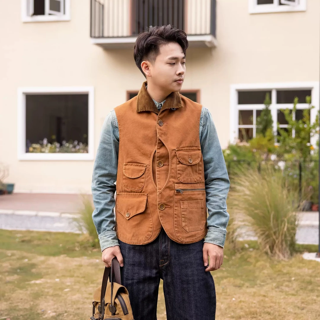 红风 工装马甲美式复古重磅帆布猎装马甲多口袋背心 FW黄石同款