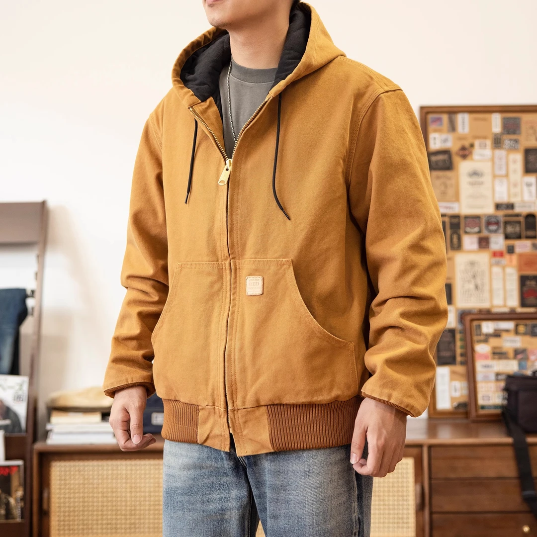 红风 J130夹克苔藓绿加厚款美式复古工装帆布洗水底特律连帽外套