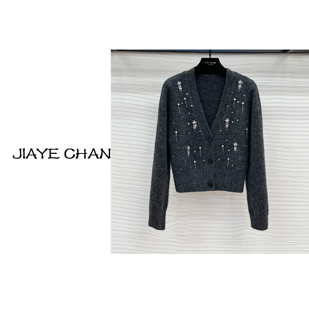 【西西高定】  秋冬新款v领重工镶钻钉珠针织开衫