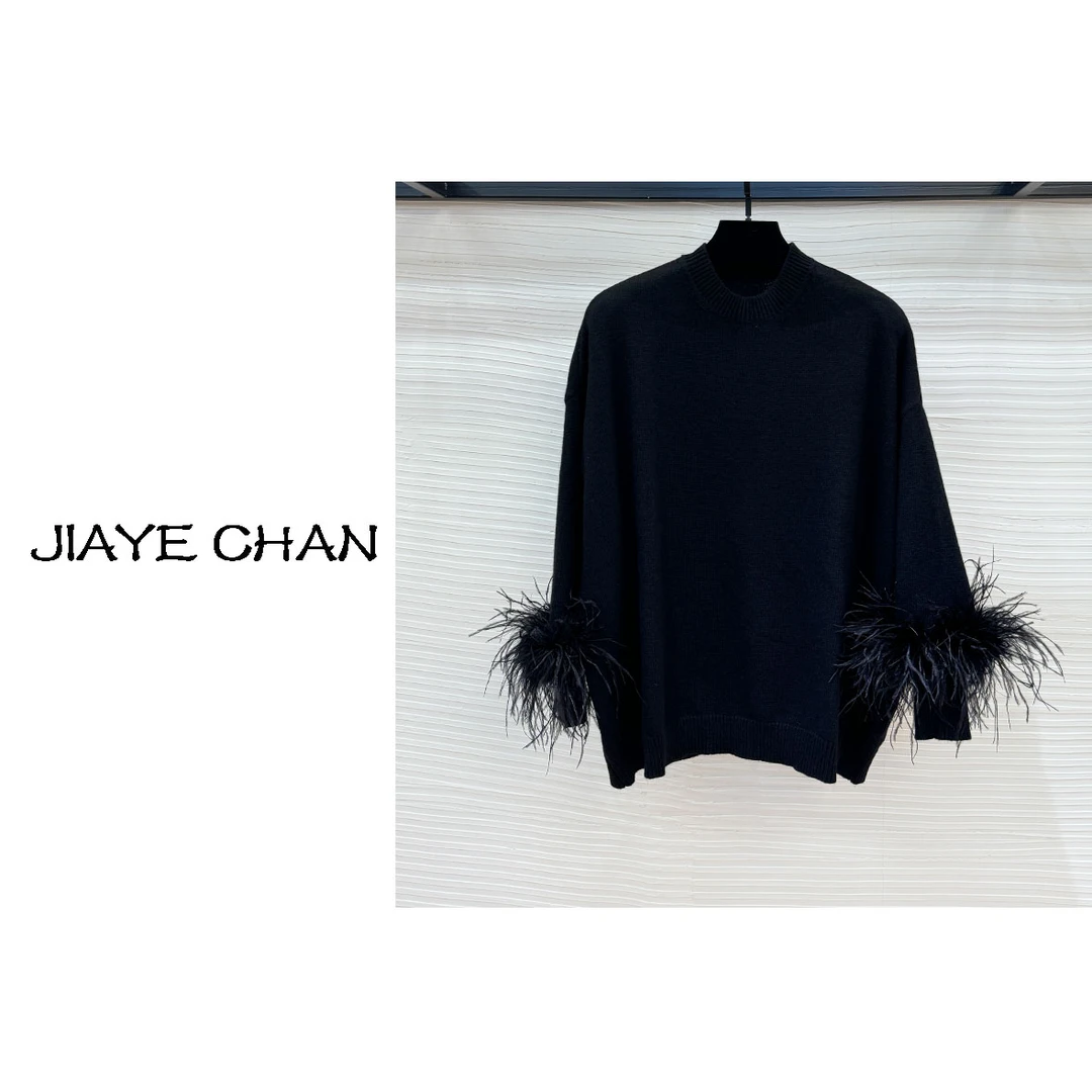 【西西高定】贵气优雅圆领羽毛蝙蝠袖针织衫