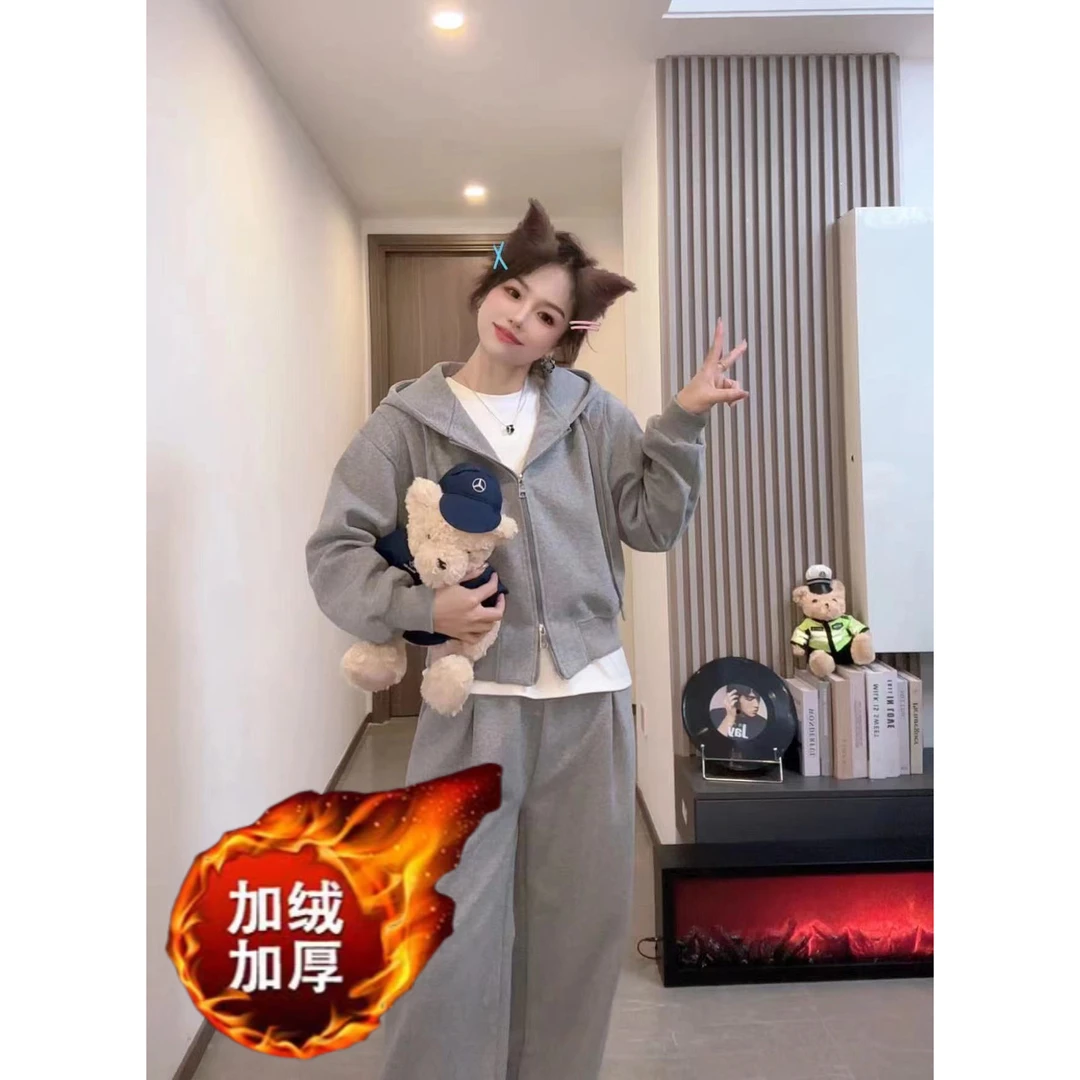 加绒加厚一件过冬2024冬季高级时尚百搭休闲卫衣套装显瘦两件套