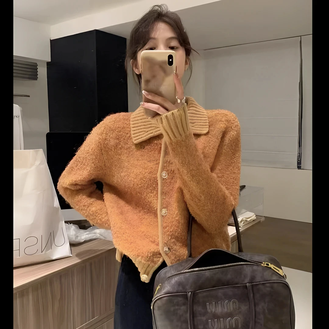 韩系新款圈圈纱拼接软糯慵懒宽松加厚针织毛衣外套女慵懒风上衣