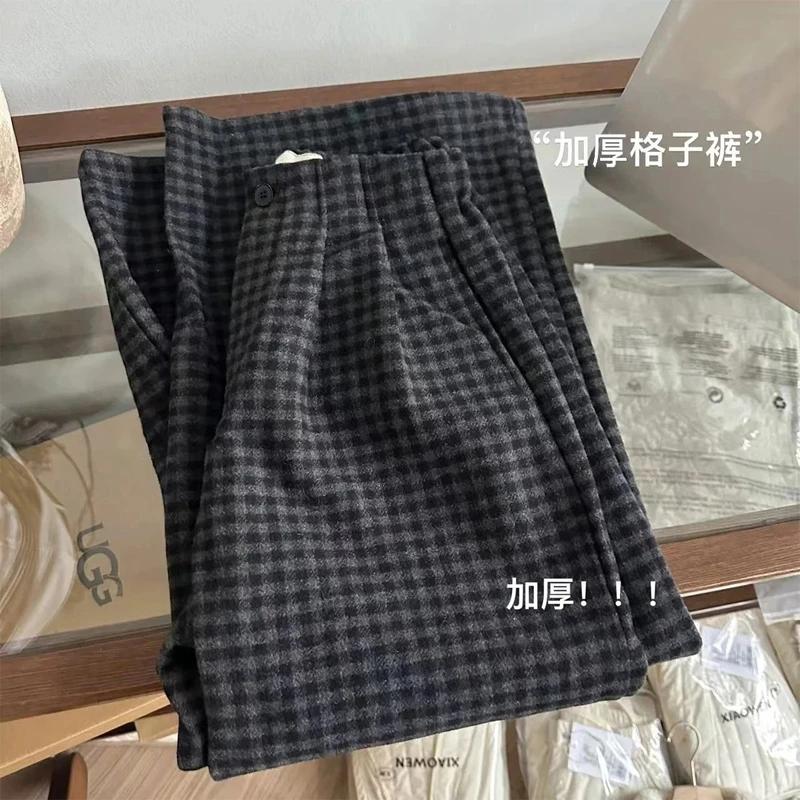 秋冬新款加厚复古格子裤女半松紧垂感宽松百搭显瘦保暖经典阔腿裤