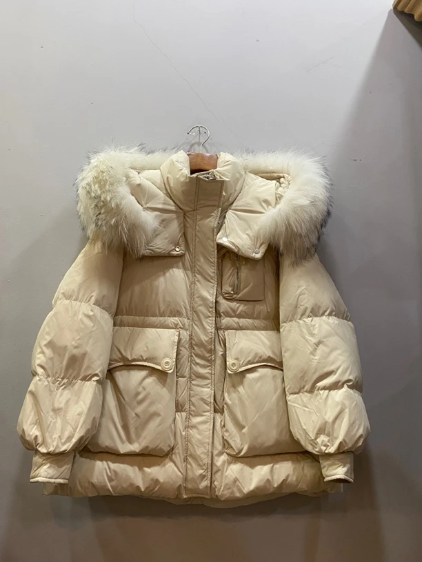 麦寻2024冬羽绒服女中长款韩版宽松大毛领鸭绒保暖外套YRMMP006