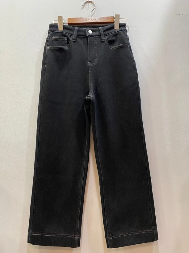 麦寻2024年冬季新款KCNLQ015黑色高腰九分加绒牛仔直筒烟管裤