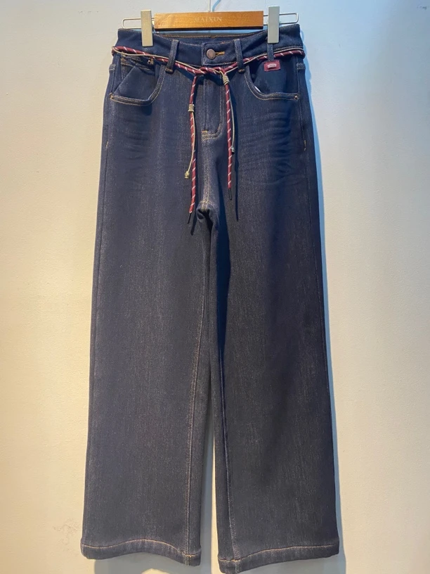 麦寻冬季新款KCNZQ025牛仔蓝高腰加绒加厚阔腿裤简约时尚百搭款女