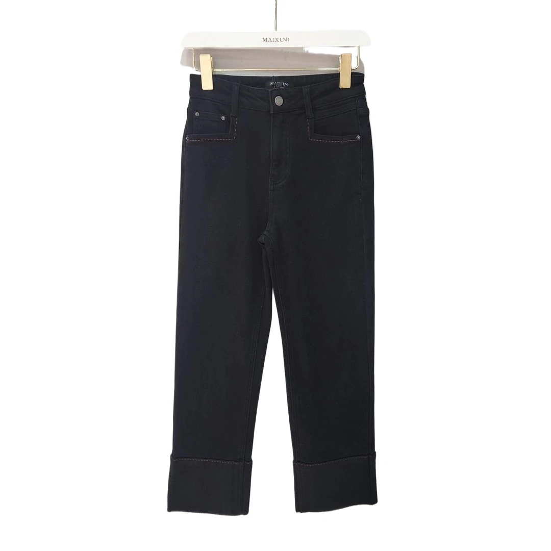 麦寻女装KCNZQ013新款黑色烟管裤卷边裤腿时尚通勤加绒加厚牛仔裤