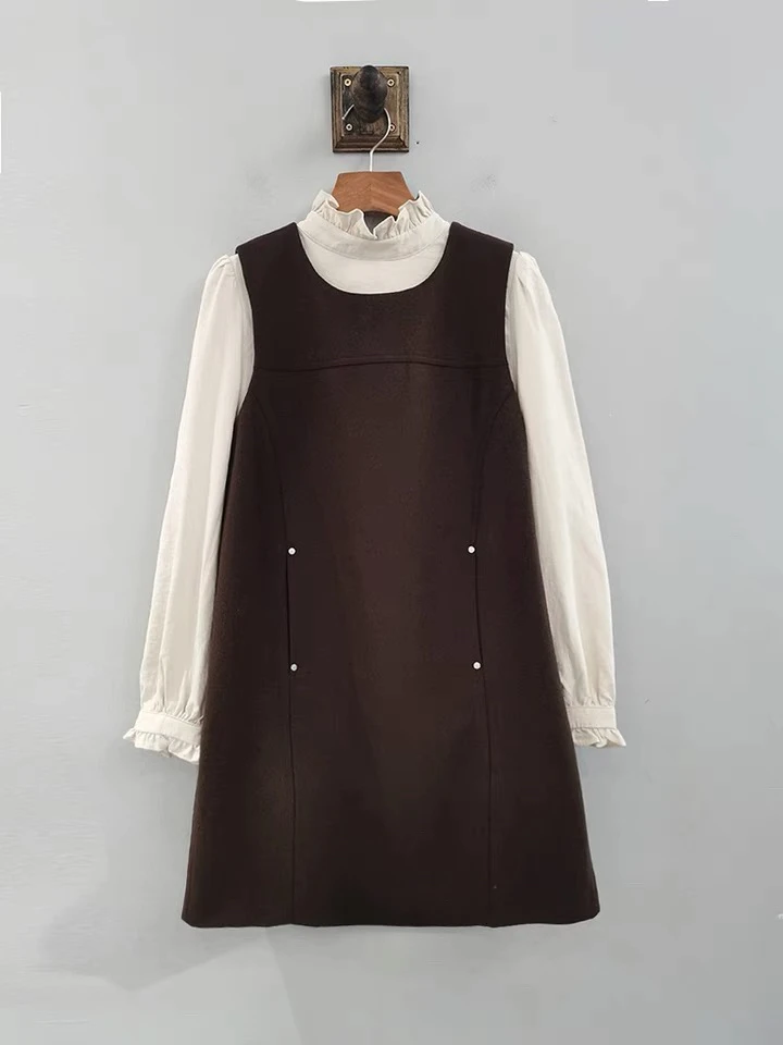 麦寻女装2024秋冬款TZQYQ006背心连衣裙绵羊毛花边领衬衫套装