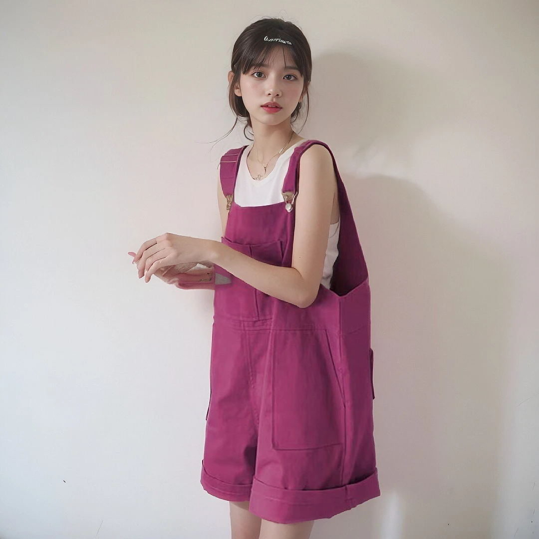 玫红色牛仔背带短裤女小个子夏季款宽松高腰显瘦阔腿裤套装女