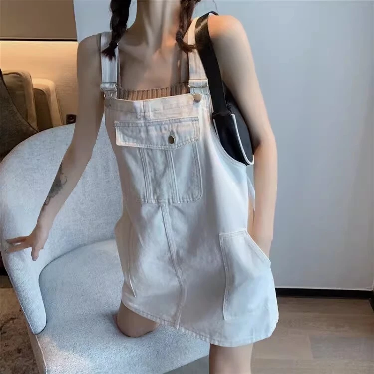 2025夏季新款减龄白色牛仔背带短裙薄款宽松显瘦吊带连衣裙小个子